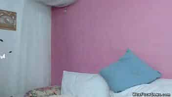 Fake big tits brunette amateur babe deep throats dildo in her bed then fucks it and masturbates with remote controlled vibrator in private webcam show video